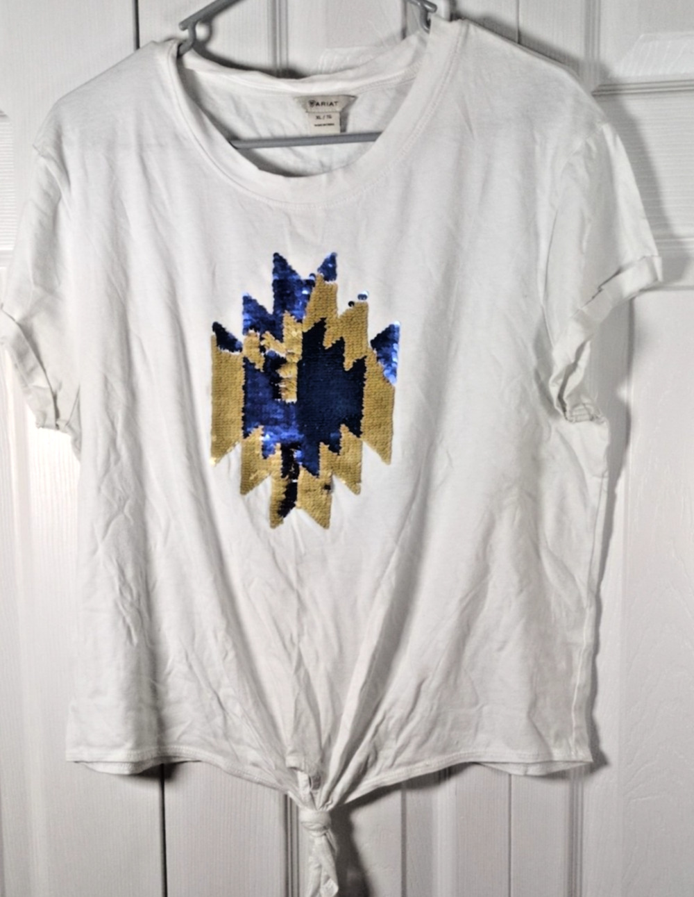 Ariat Sequined Tee Womens XL White Aztec Tie Front Short Sleeve Cowgirl T-Shirt